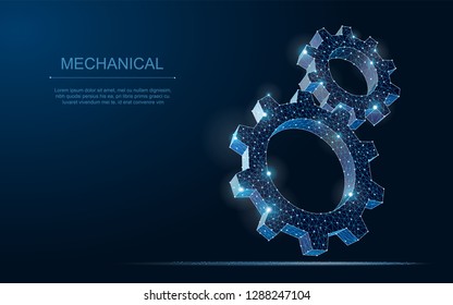 Abstract 3D vector wireframe gears illustration on dark blue background.