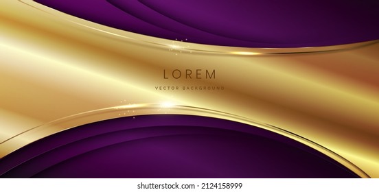 Abstract 3d violet background with gold lines curved wavy sparkle with copy space for text. Luxury style template design. Vector illustration