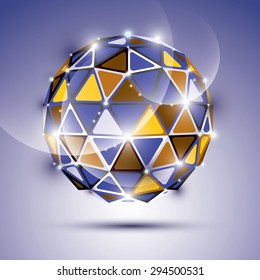 Abstract 3D vivid gala sphere with gemstone effect, twinkle orb created from triangles, eps10, violet background.