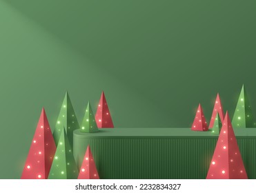 Abstract 3D wall scene background with realistic green round stand product podium, Christmas light on red, green tree. Mery christmas minimal mockup display. Vector geometric forms. Stage showcase. 