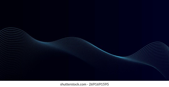 Abstract 3D wave background with glowing blue dots on dark navy backdrop, futuristic digital flow, technology concept, data visualization design.

