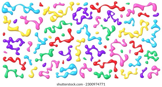 Abstract 3D wave forms of molten plastic with droplets, collection of vector rainbow-colored elements for Y2K or futuristic design, volumetric shapes