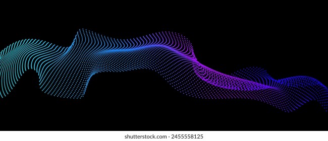 Abstractas líneas de onda 3d, puntos que fluyen partículas patrón luz colorida aislada en un fondo negro. Tecnología de fondo abstracto.