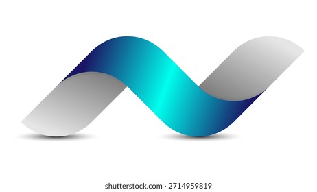 Fita de onda 3D abstrata com gradiente azul a azul esverdeado e prata de volta em um fundo branco.
