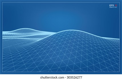 Abstract 3D wave wireframe blueprint of surrounding contour. Vector landscape graphic background.
