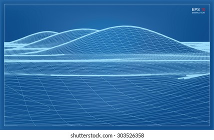 Abstract 3D wave wireframe blueprint of surrounding contour. Vector landscape graphic background.