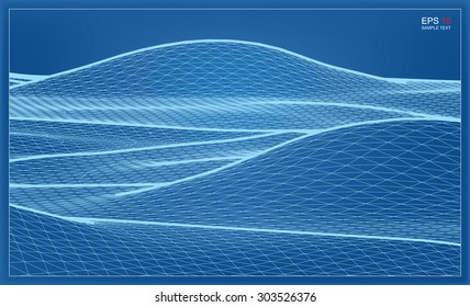 Abstract 3D wave wireframe blueprint of surrounding contour. Vector landscape graphic background.