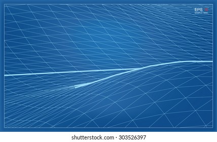 Abstract 3D wave wireframe blueprint of surrounding contour. Vector landscape graphic background.