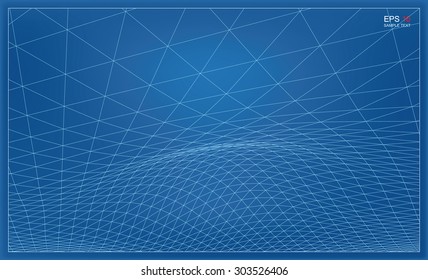 Abstract 3D wave wireframe blueprint of surrounding contour. Vector landscape graphic background.