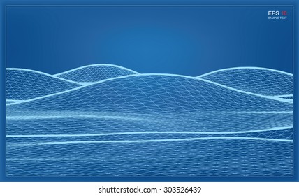 Abstract 3D wave wireframe blueprint of surrounding contour. Vector landscape graphic background.