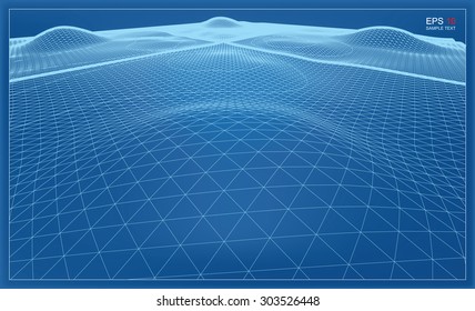 Abstract 3D wave wireframe blueprint of surrounding contour. Vector landscape graphic background.