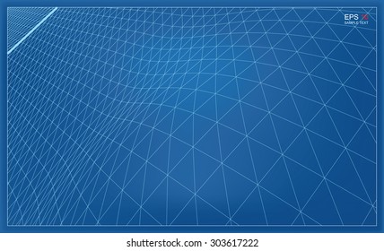 Abstract 3D wave wireframe blueprint of surrounding contour. Vector landscape graphic background.