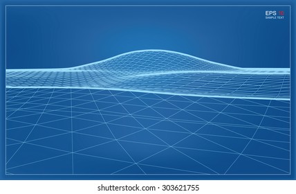 Abstract 3D wave wireframe blueprint of surrounding contour. Vector landscape graphic background.