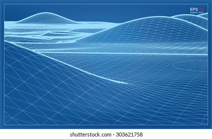 Abstract 3D wave wireframe blueprint of surrounding contour. Vector landscape graphic background.