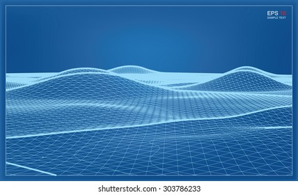 Abstract 3D wave wireframe blueprint of surrounding contour. Vector landscape graphic background.