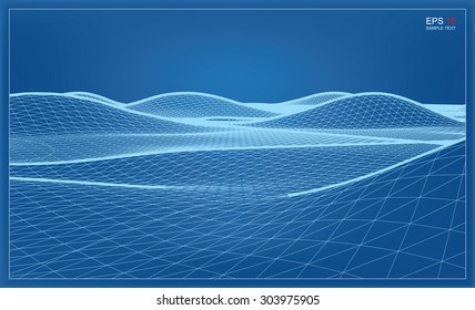 Abstract 3D wave wireframe blueprint of surrounding contour. Vector landscape graphic background.