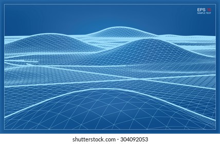 Abstract 3D wave wireframe blueprint of surrounding contour. Vector landscape graphic background.
