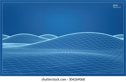 Abstract 3D wave wireframe blueprint of surrounding contour. Vector landscape graphic background.