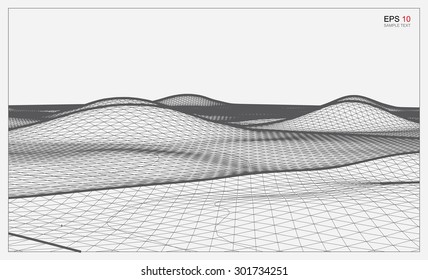 Abstract 3D wave wireframe of surrounding contour. Vector landscape graphic background.
