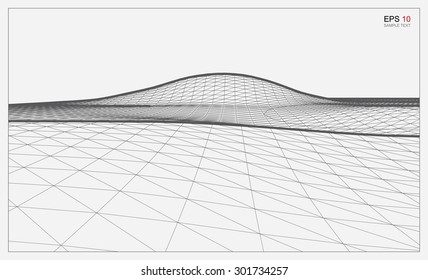 Abstract 3D wave wireframe of surrounding contour. Vector landscape graphic background.