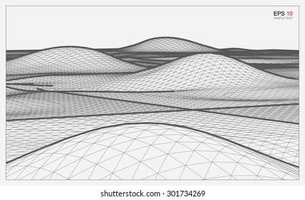 Abstract 3D wave wireframe of surrounding contour. Vector landscape graphic background.