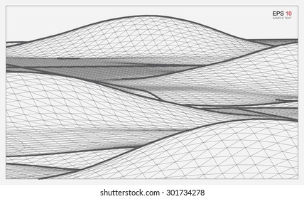 Abstract 3D wave wireframe of surrounding contour. Vector landscape graphic background.