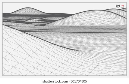 Abstract 3D wave wireframe of surrounding contour. Vector landscape graphic background.