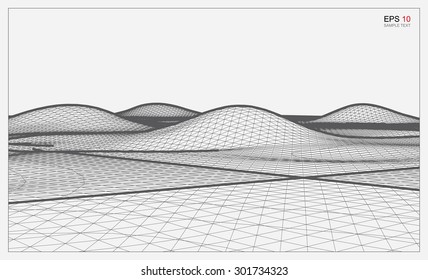 Abstract 3D wave wireframe of surrounding contour. Vector landscape graphic background.