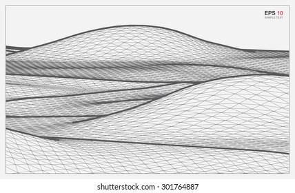 Abstract 3D wave wireframe of surrounding contour. Vector landscape graphic background.