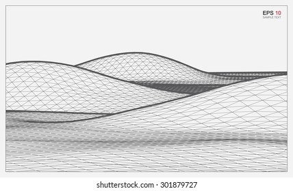 Abstract 3D wave wireframe of surrounding contour. Vector landscape graphic background.
