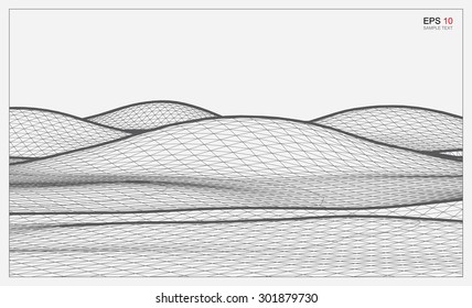 Abstract 3D wave wireframe of surrounding contour. Vector landscape graphic background.
