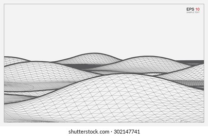 Abstract 3D wave wireframe of surrounding contour. Vector landscape graphic background.