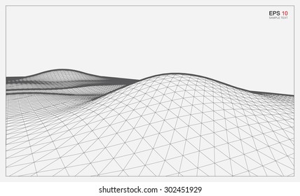 Abstract 3D wave wireframe of surrounding contour. Vector landscape graphic background.