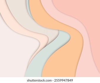 abstract 3d wavy background with paper cut style with colours pink, purple, blue, peach, green, brown, black, orange, and pastel