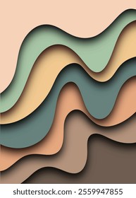 abstract 3d wavy background with paper cut style with colours pink, purple, blue, peach, green, brown, black, orange, and pastel