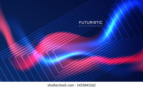 Abstract 3d wavy line light on blue background. Dynamic sound motion curve lines. Futuristic AI technology background. Vector illustration