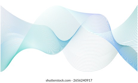 Sobreposição de linhas onduladas 3d abstratas. Pulso de néon de rede 5g. Padrão de gradiente da fita azul de vetor. Fluxo linear de ondas sonoras de música neural. Reticulado de forma curvada digital de malha dinâmica leve