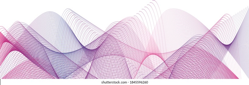 Abstract 3D wavy motion flow colorful background design. Curvy sound or music wave concept pattern, blue and violet transparent colors pattern, digital web design smooth vector element
