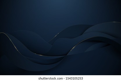 Abstract 3d wavy pattern luxury dark blue with gold background