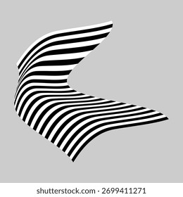 Abstrakte, wellenförmige 3D-Streifenform in Schwarz-Weiß, die einen optischen Illusionseffekt erzeugt. Moderner minimaler Design-Hintergrund für Poster, Motion Graphics, Branding und digitale Kunstprojekte