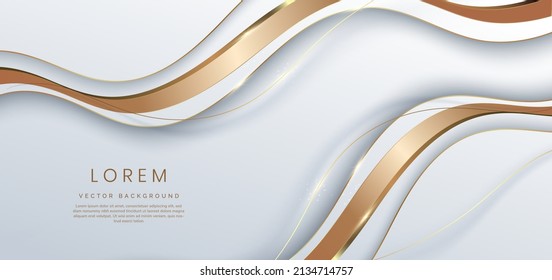 Abstract 3d white background with brown ribbon gold lines curved wavy sparkle with copy space for text. Luxury style template design. Vector illustration