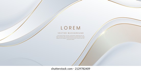 Abstract 3d white background with ribbon gold lines curved wavy sparkle with copy space for text. Luxury style template design. Vector illustration