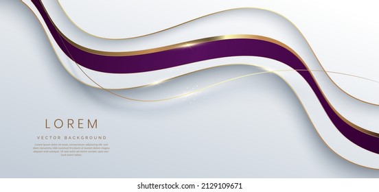 Abstract 3d white background with violet ribbon gold lines curved wavy sparkle with copy space for text. Luxury style template design. Vector illustration