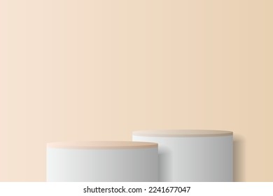 Abstract 3D white and beige steps cylindrical podium pedestal with a pastel beige minimal wall stage for the presentation of cosmetic products. Designing a vector geometric rendering platform.