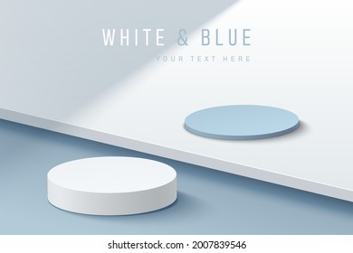 Abstract 3D white and blue cylinder pedestal podium on pastel blue steps floor in shadow with copy space. Vector rendering minimal geometric platform design for cosmetic product display presentation.