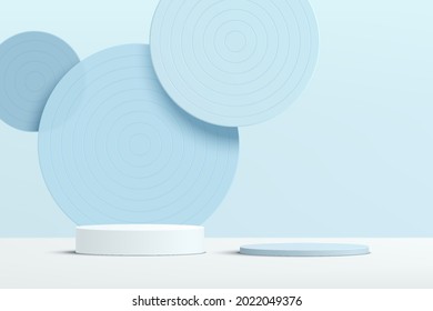Abstract 3D white  blue cylinder pedestal podium and blue circle glass overlap layers backdrop  Pastel blue minimal wall scene for product display presentation  Vector geometric rendering platform 