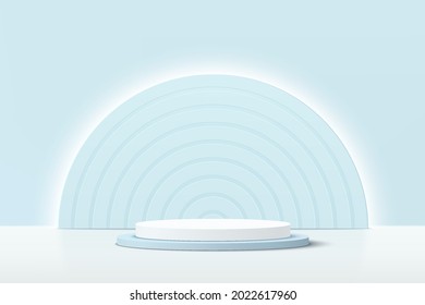 Abstract 3D white, blue cylinder pedestal podium with glowing light blue semi circle backdrop. Pastel blue minimal wall scene for product display presentation. Vector geometric rendering platform.