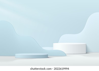 Abstract 3D white, blue cylinder pedestal podium with light blue layered wavy shape backdrop. Pastel blue minimal wall scene for product display presentation. Vector geometric rendering platform. - Shutterstock ID 2022619994
