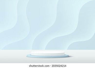 Abstract 3D white and blue cylinder pedestal podium with glowing light blue fluid wavy layers backdrop. Pastel blue minimal scene for product display presentation. Vector geometric rendering platform.