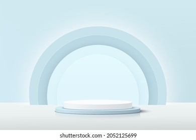 Abstract 3D white, blue cylinder pedestal podium with glowing light blue semi circle backdrop. Pastel blue minimal wall scene for product display presentation. Vector geometric rendering platform.